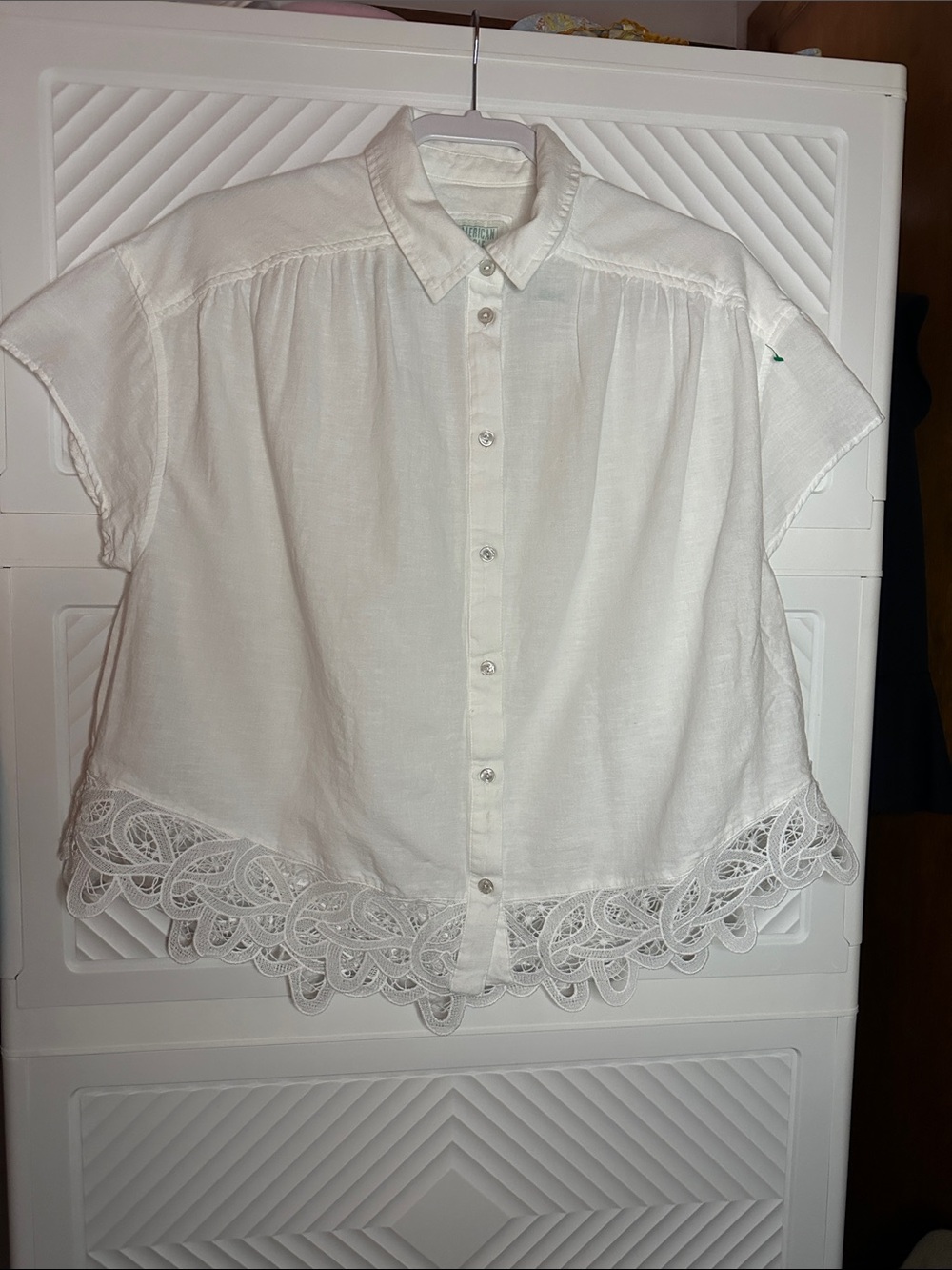 American Eagle Outfitters White Short-Sleeve Button-Up Top with Lace Hem